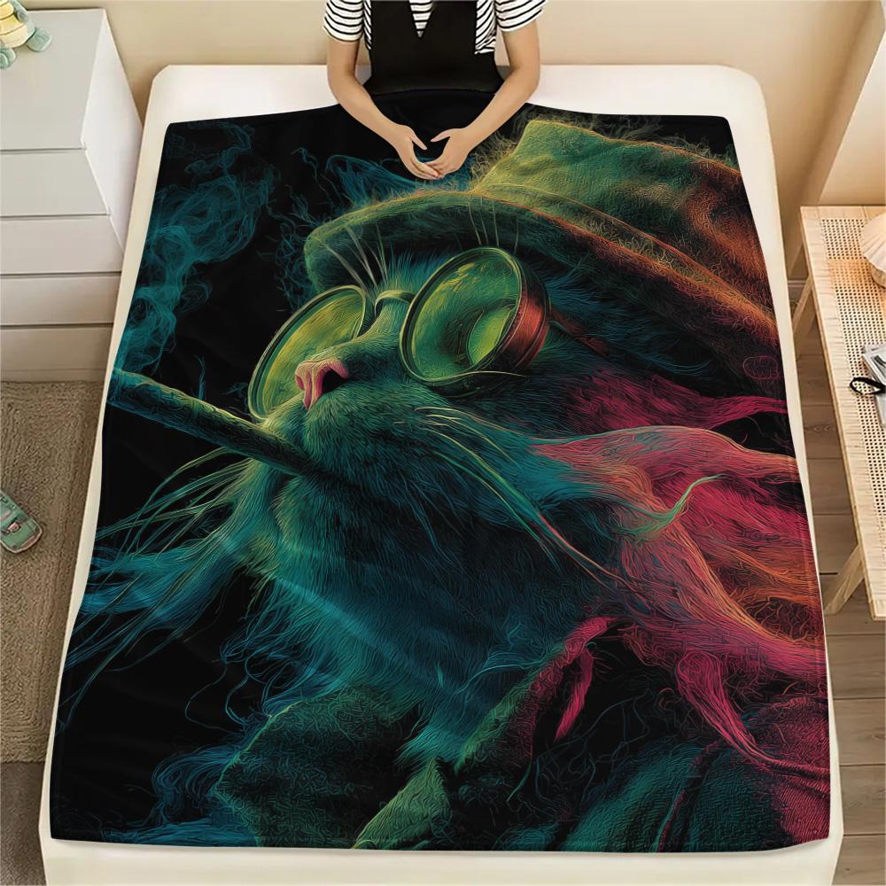 Neon Cats Print Flannel Blanket, High quality Comfortable for All Seasons, Home Decor, Warmth and Comfort