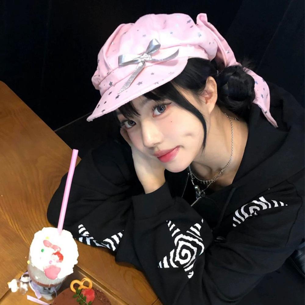 Хлопковая шапка с бантиком «Серебряная звезда» в стиле Y2K, берет с кроличьими ушками, универсальная съемная шляпа с кроличьими ушками, для девочки