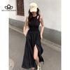 Новое длинное платье в корейском стиле, шикарное платье-жилет, облегающее, с узкой талией, утягивающее однотонное платье без рукавов с разрезом