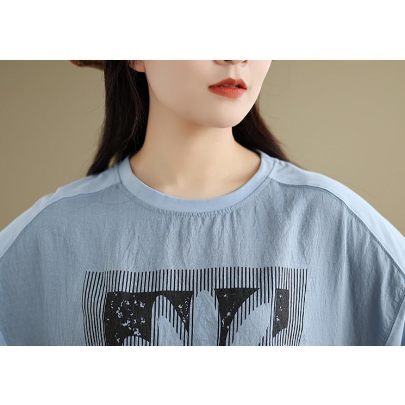 DIMANAF 2025 Летние Топы Большого Размера Хлопковая Футболка с Круглым Вырезом Женщины Рукав Летучая Мышь Принт Свободные Футболки