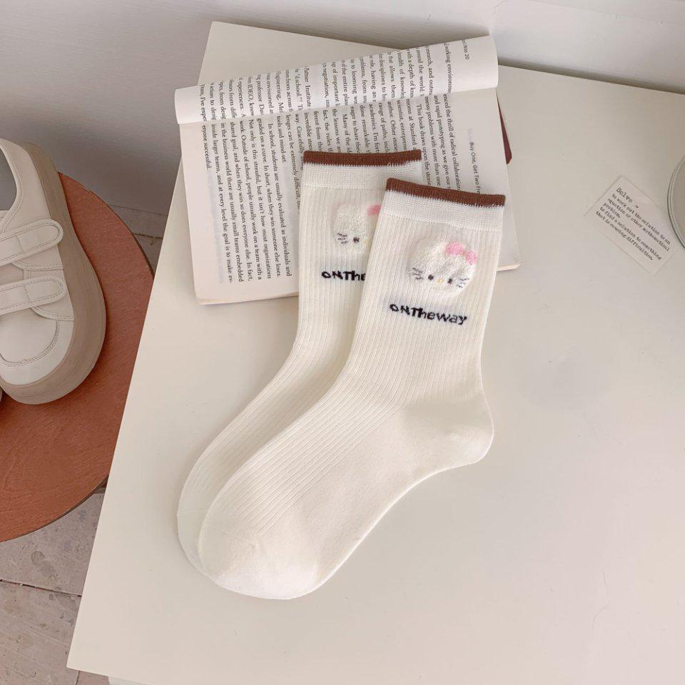 Хлопковые кошачьи носки: Женские до середины икры, весна/осень, японский и корейский стили преппи, флокированный ворс, длинные носки.