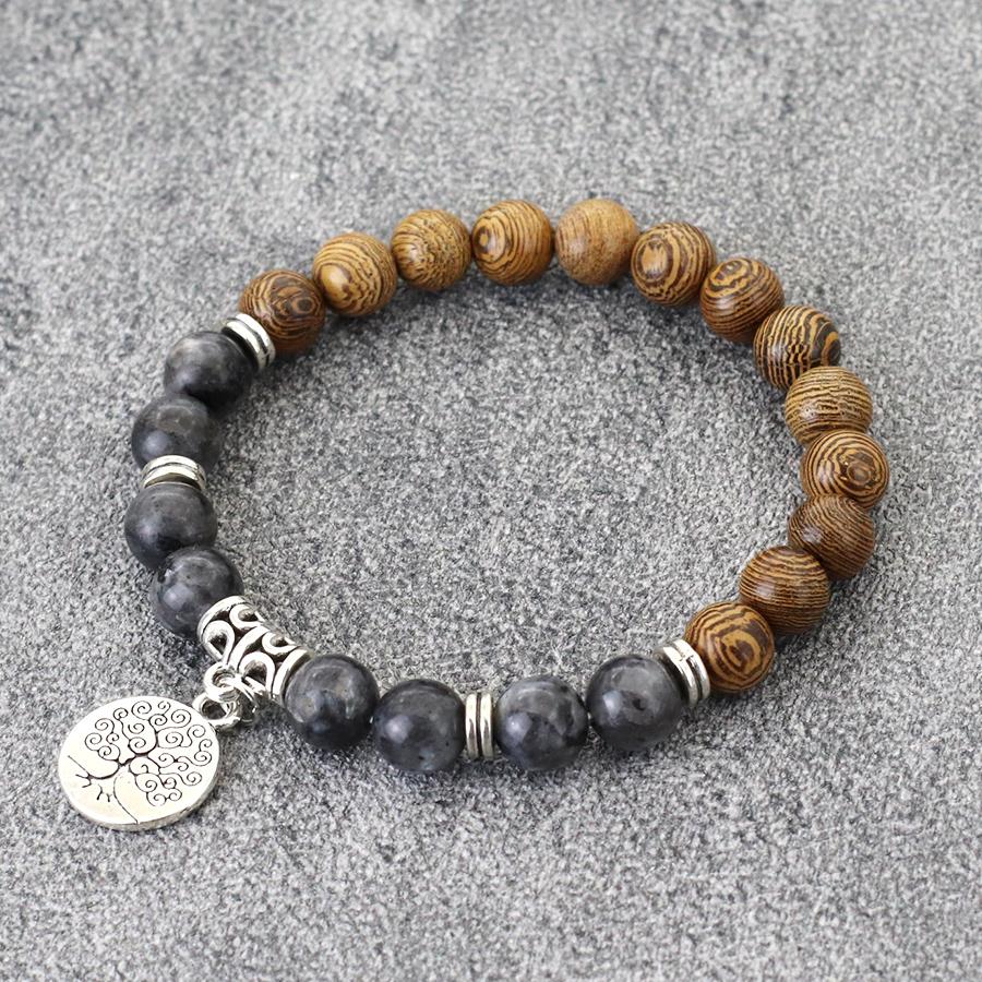 8mm Handmade Natural Stone and Wood Bracelet Lava Stone Men Brazelet Ethnic Style Tree of Life Turquoise Braslet Yoga Jewelry