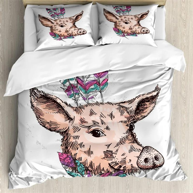 Premium Pink Pig Comforter Cover Cartoon Pig Pattern Bedding Kawaii Animal Sweetheart Floral Print Duvet Cover Children Boys Room Decor