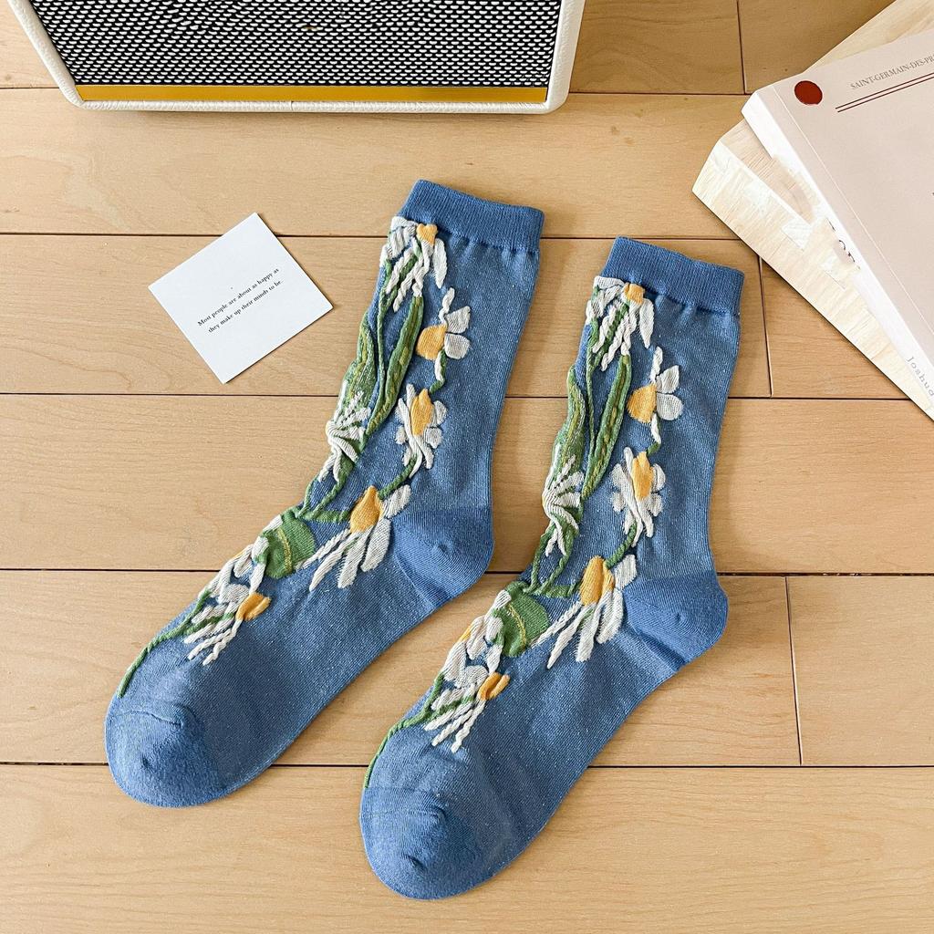 New Harajuku Retro Women Socks Japanese Fashion Vintage Long Socks Korean Style Floral Embroidery Kawaii Cute Ruffle Socks