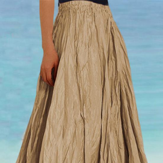 Women Skirt Elastic High Waist Pleated Maxi Skirt Solid Color A-Line Ankle-Length Skirt Large Hem Long Skirt Work Leisure Wear