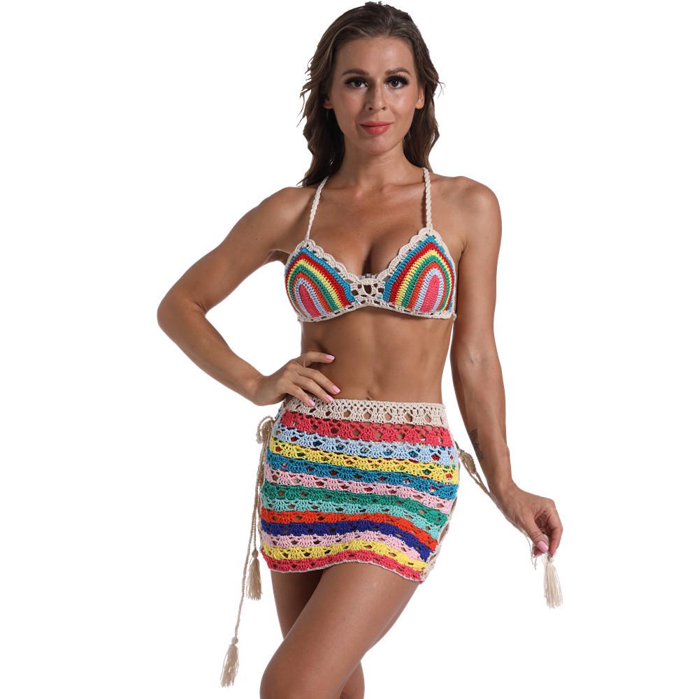 Комплект бикини из 3 предметов, связанный крючком, с полосатой мини-пляжной юбкой