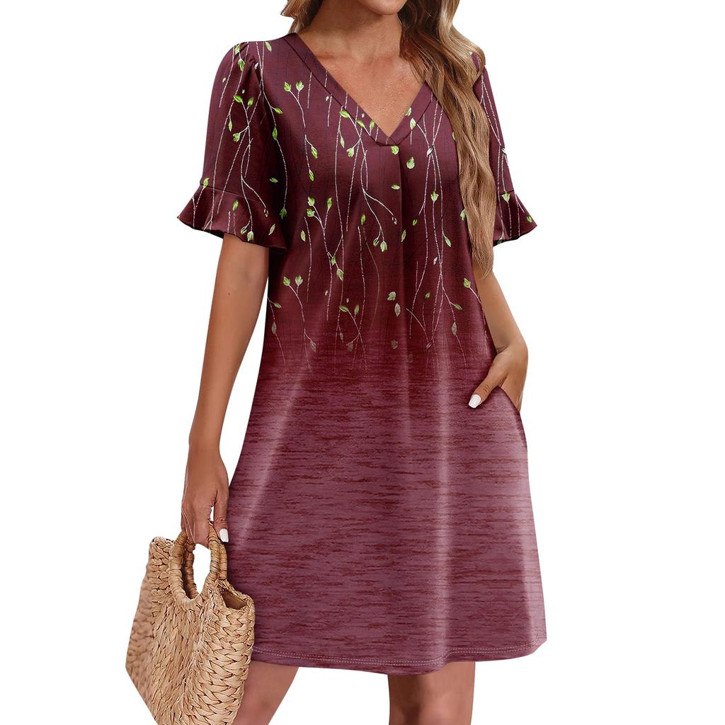 Летние платья для женщин с V-образным вырезом, оборками и коротким рукавом, повседневное свободное платье с принтом, пляжное платье с карманами