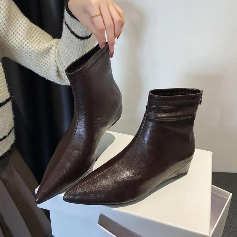 Коричневые Внутренние Увеличенные Узкие Сапоги Женские Осень/Зима Новые Французские Остроносые Ретро Ботильоны