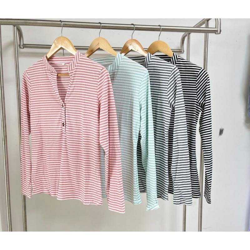Spring and Autumn Women's Blouse V-neck Button Stripe Loose Long Sleeve Top