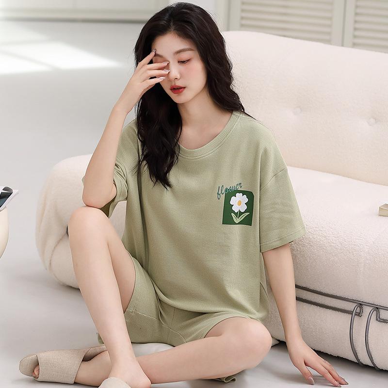Пижама женская из чистого хлопка с короткими рукавами, студенческий пуловер с рисунком из хлопка, корейская версия, женская домашняя одежда