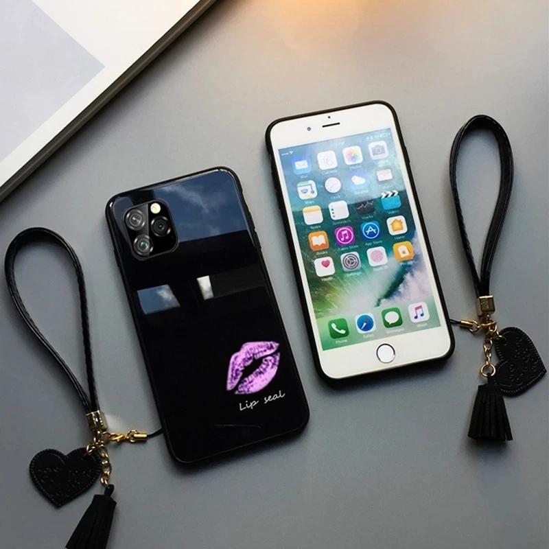 Модный чехол для телефона из закаленного стекла с рисунком губ для OPPO Reno 11 Pro 10 Pro Plus, противоударная жесткая задняя крышка для Reno 9Pro Plus со шнурком с кисточкой