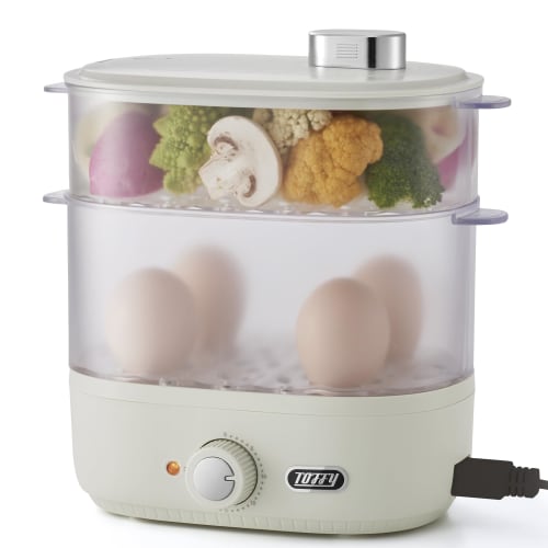 Toffy Compact Food Steamer K-FS1, Steams Food, Healthy, Simultaneous Top and Bottom Cooking, Timer, Cooking Cup, Boiled Eggs, Baby Food, Ash White (K-