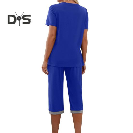 Женский пижамный комплект с коротким рукавом, V-образным вырезом и широкими укороченными брюками, комплект из 2 предметов для дома, повседневная летняя одежда для сна с карманами