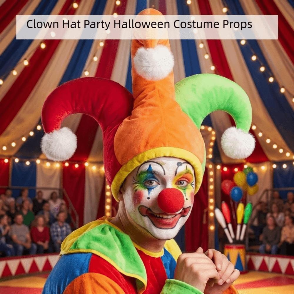 Color Block Clown Hat with White Pom Poms Halloween Party Hat Funny Joker Hat Party