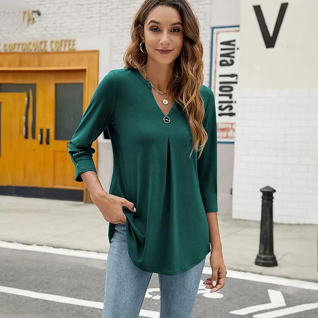 Women's V-Neck Tunic Blouse 3/4 Sleeve Shirts Loose Fit Top with Ring Detail, Casual Dressy Shirt for Work or Daily Wear Blouses Casual Tops S-XXL