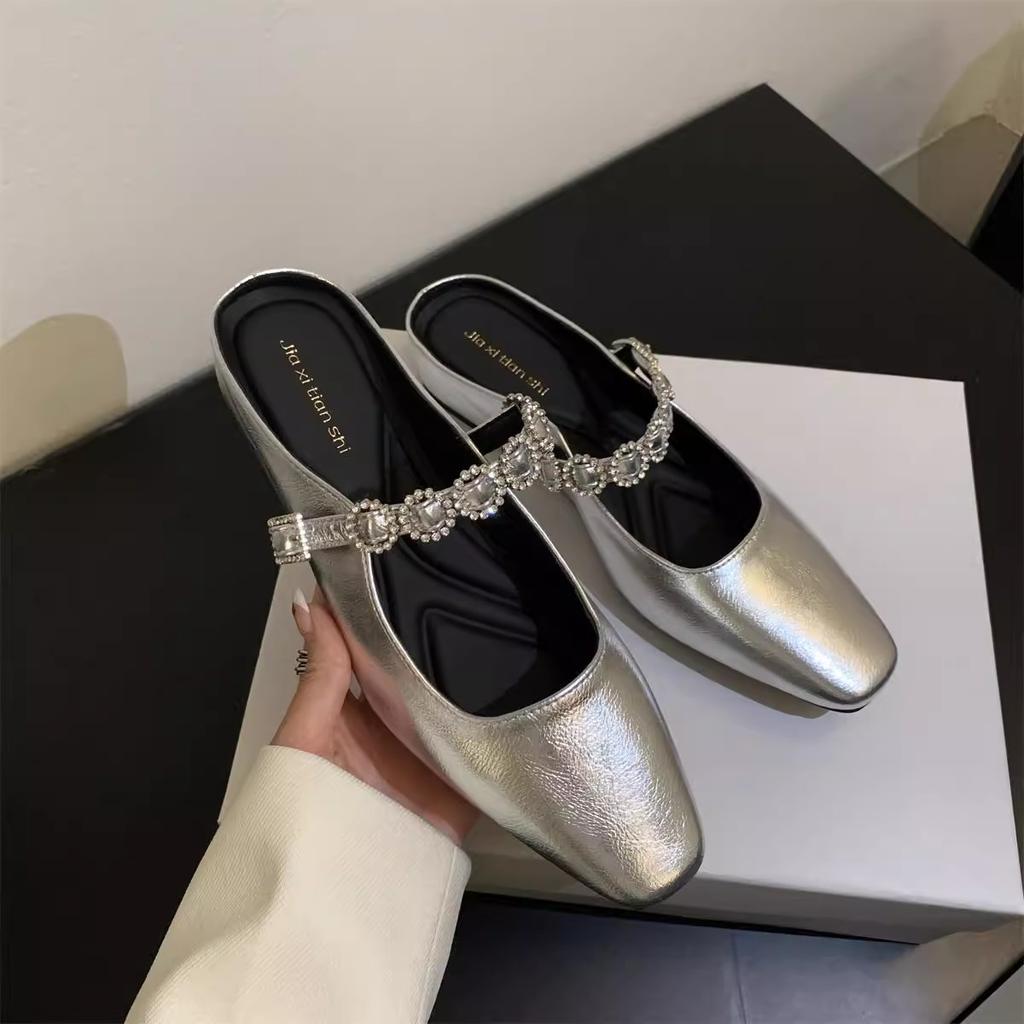 Звездные высококлассные сумки с квадратным носком, шлепанцы-половинки для улицы, новые модели весны 2025 года, сандалии на толстой подошве с цепочкой из стразов для ношения с юбкой