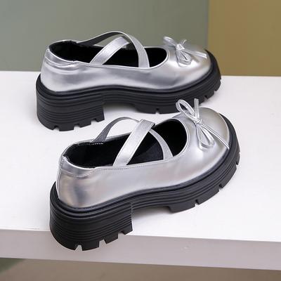 Модные серебристые туфли на платформе и высоком каблуке для женщин 2024 года, осенние туфли Мэри Джейн с перекрещенными ремешками из искусственной кожи на толстом каблуке Jk