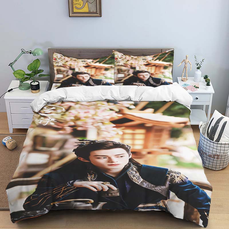 Ancient Chinese fantasy couple print bedding set, three-piece set, duvet cover and pillowcase set, dormitory single and double b