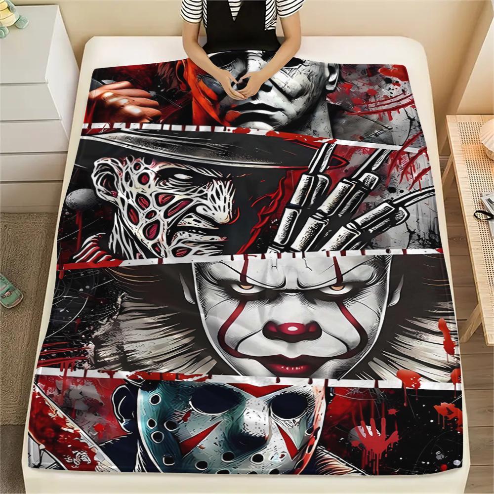 1Pc Horror Movie Print Flannel Blanket, High quality Comfortable for All Seasons, Home Decor, Warmth and Comfort, Perfect for Christmas Gifts