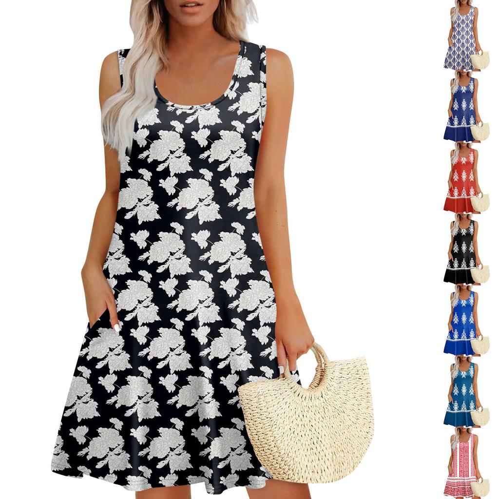 Women's Summer Casual U-shaped Tie Pocket Popular Floral Print Dress