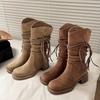 Ретро Пустошь Бахрома Рыцарские Сапоги Абсолютно Толстый Каблук Но Сапоги До Колена Узкий Ворс Полусапожки Женские