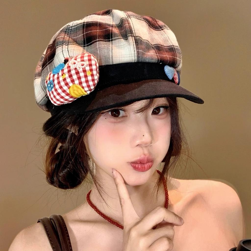 Plaid leather brim beret female cute three-dimensional doll cloud octagonal hat showing face small versatile painter hat