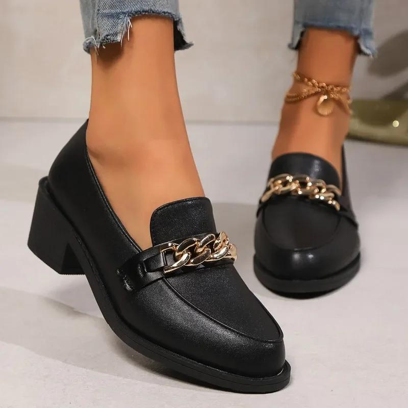 Female Shoes on Sale 2024 High Quality Slip on Women's Pumps Autumn Pointed Toe Chain Solid Dress Chunky Heels Plus Size Shoes