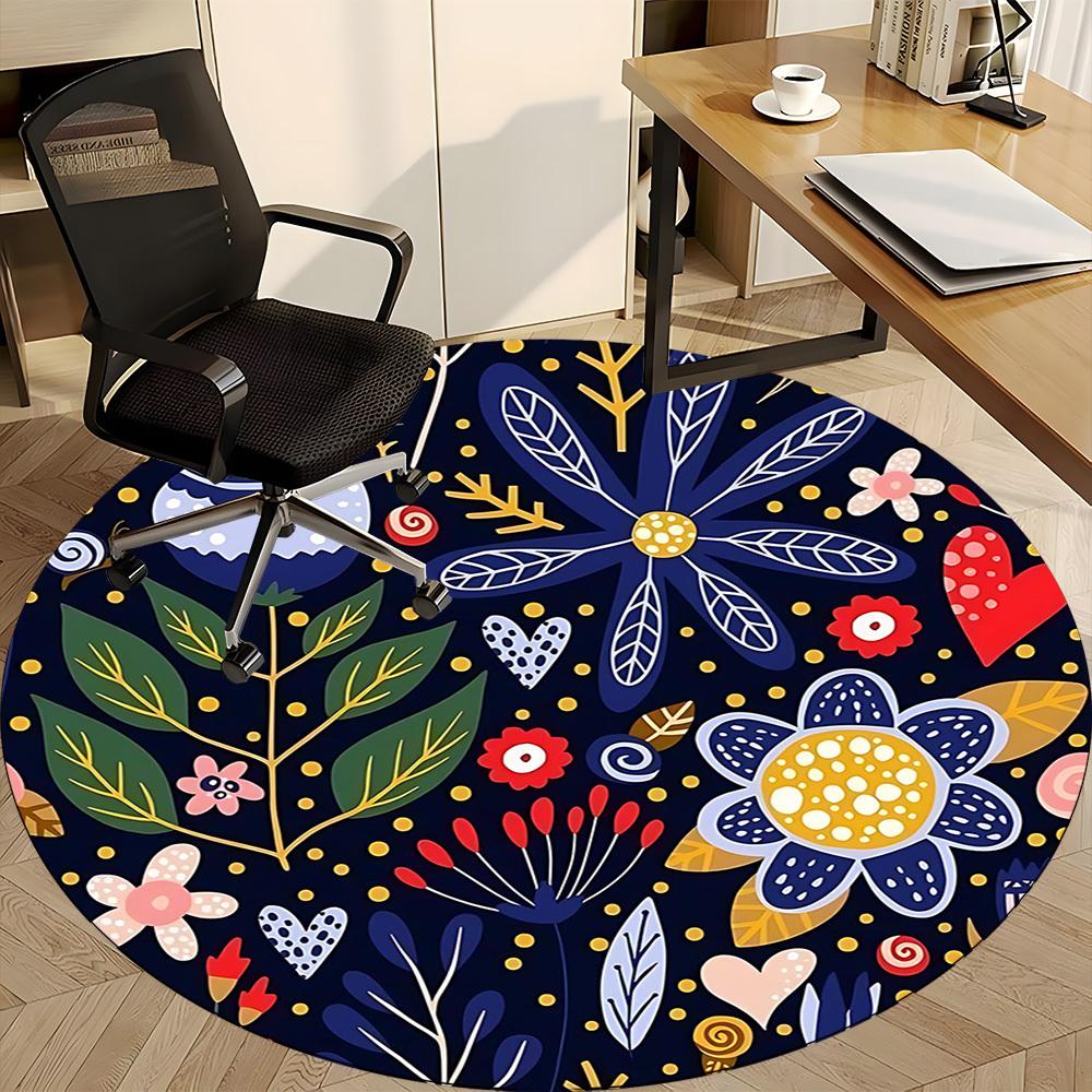 1PC Floral Whimsical Office Round Area Rug, Mat Suitable For Office, Under Office Chairs Bedroom Living Room Home Decor, Room Deco