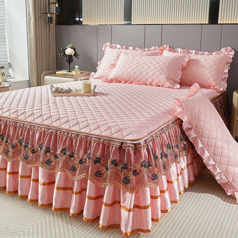 Комплект из 3 предметов для спальни Высококачественная юбка для кровати из хрустального бархата Комплект из трех предметов с толстой кружевной отделкой, стиль корейской принцессы Теплый и нескользящий чехол для матраса