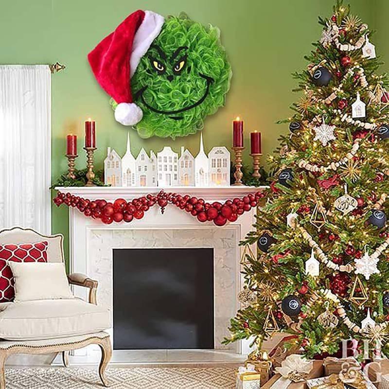 New Grinch Green Monster Plush Christmas Wreath Adorned Festive Holiday Decoration