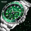 Men's Chronograph Quartz Watches Stainless Steel Waterproof Lumious Analogue 24-hour Wristwatch for Man Green Dial