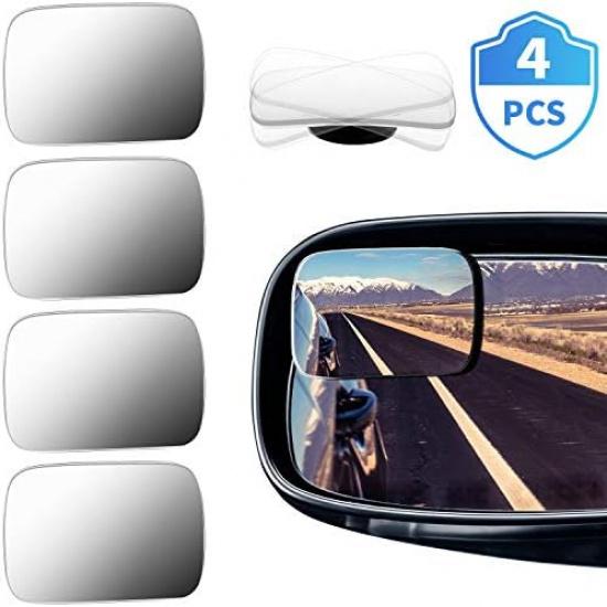 BBTO Blind Spot Car Mirror 4 Pack 360 Degree Glass Traffic Safety Rearview Mirror Rectangle Convex Spot Frameless Adjustable Self Adhesive Angle For