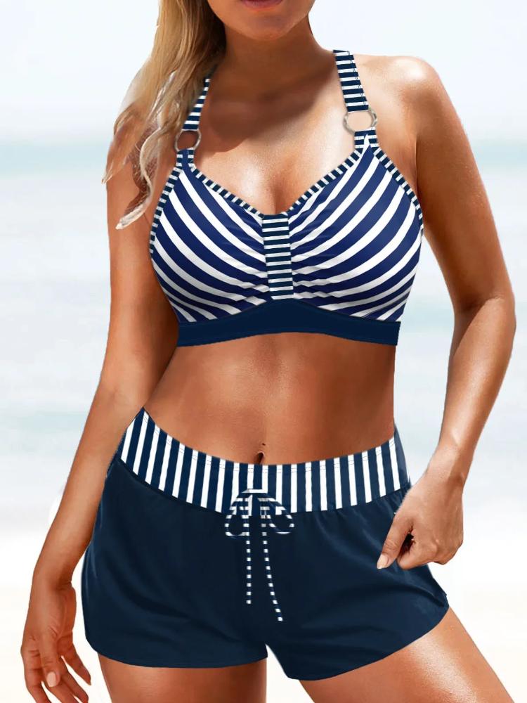 Новый летний женский купальник танкини и шорты с золотым принтом в полоску, кружевной сексуальный пляжный комплект S-6XL