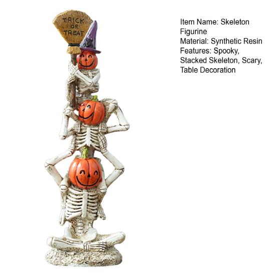 Halloween Stacked Skeleton Pumpkin Decor Resin Skeleton Statue with Pumpkin Head Witch Hat Broom for Home Office Holiday Table Decor