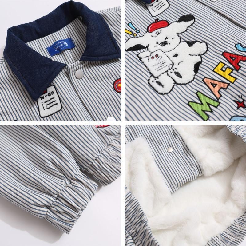 American Vintage Cartoon Embroidered Plaid Patchwork Fleece Jacket Loose Warm Coat Men Women Winter