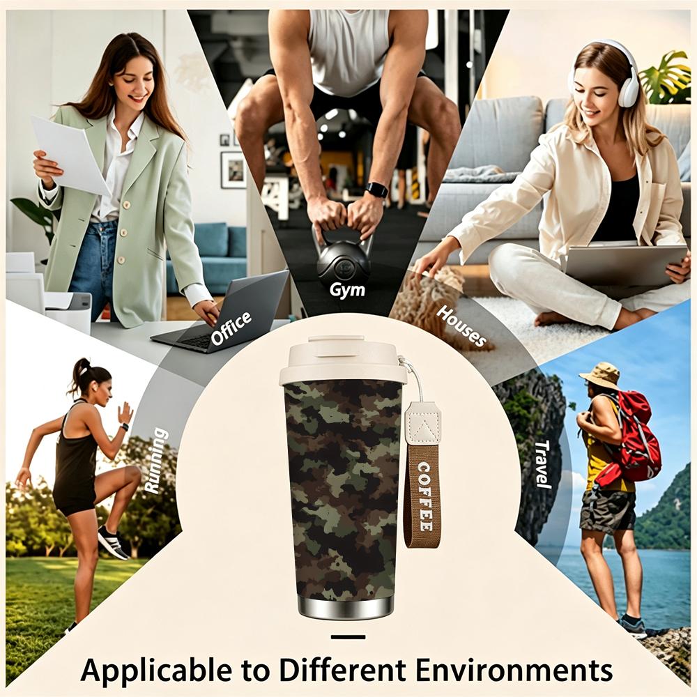 Camouflage Print Stainless Steel Insulated Coffee Tumbler Vacuum Thermal Cup, Portable Leakproof Travel Mug for Outdoor Sports