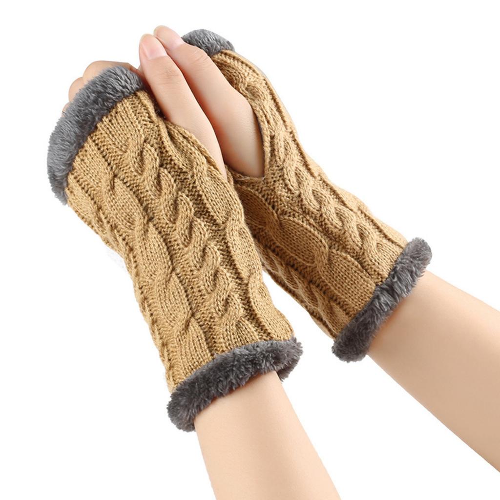 Women's Winter Warm Wool Gloves, Fingerless Twisted Knit Color Short Gloves