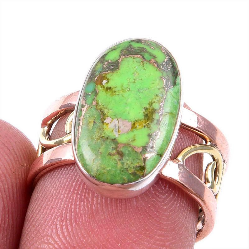 Natural Green Copper Turquoise Gemstone 925 Solid Silver TwoTone Ring 7.5US F8u18