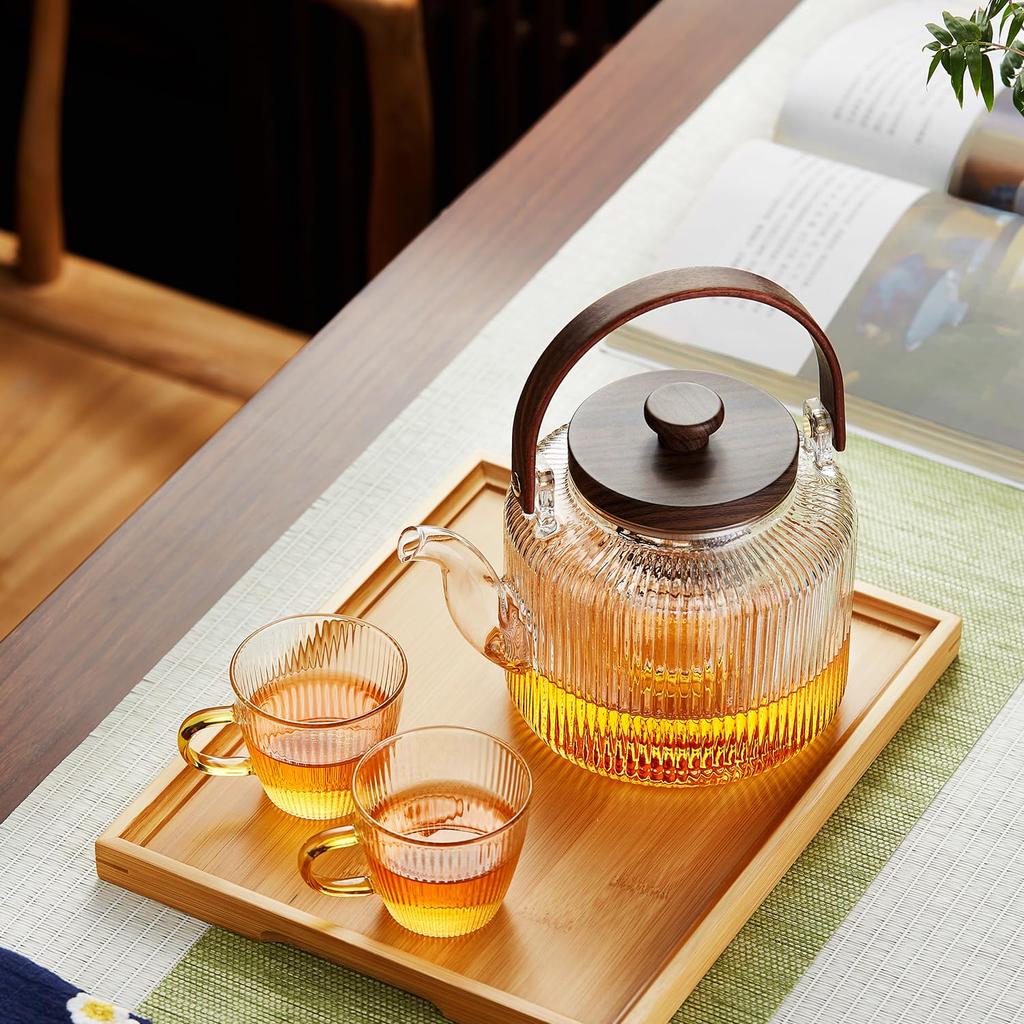 Pokaro Tea Teapot, Heat-Resistant Glass with Vertical Stripes, 1.1L Full Capacity, Includes Two Detachable Tea Strainers, Suitable for Steaming and