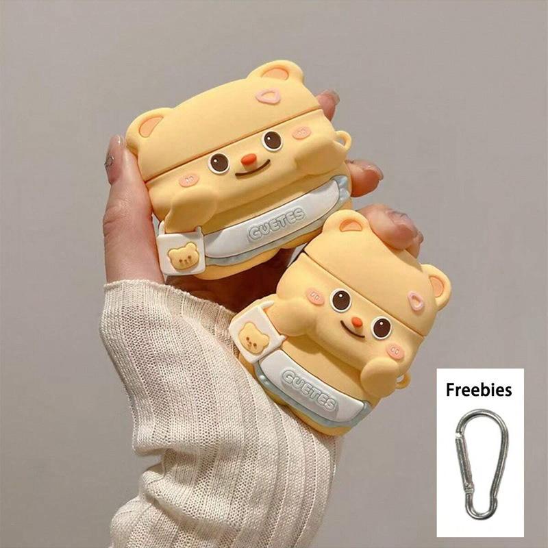 Cute Bear Silicone Bluetooth Earbuds Case Cover Compatible with Apple AirPods, Shockproof Dustproof with Keychain