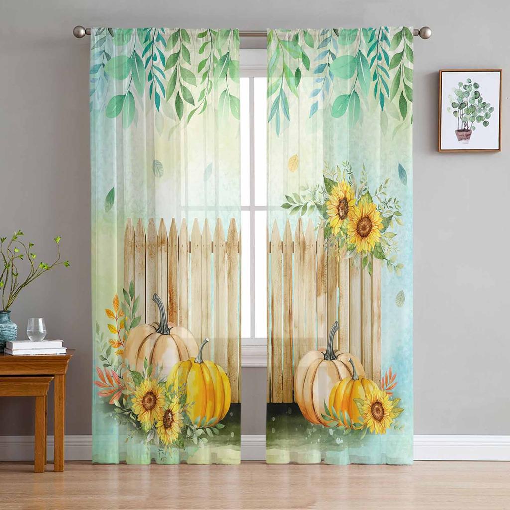 Thanksgiving Plant Fence Sunflower Pumpkin Sheer Curtains for Kids Bedroom Living Room Voile Window Curtains Tulle Drapes