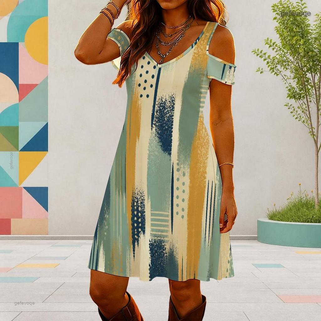 Women Plus Size V Neck Cold Shoulder Short Sleeve Printed Blue Green Casual Dress