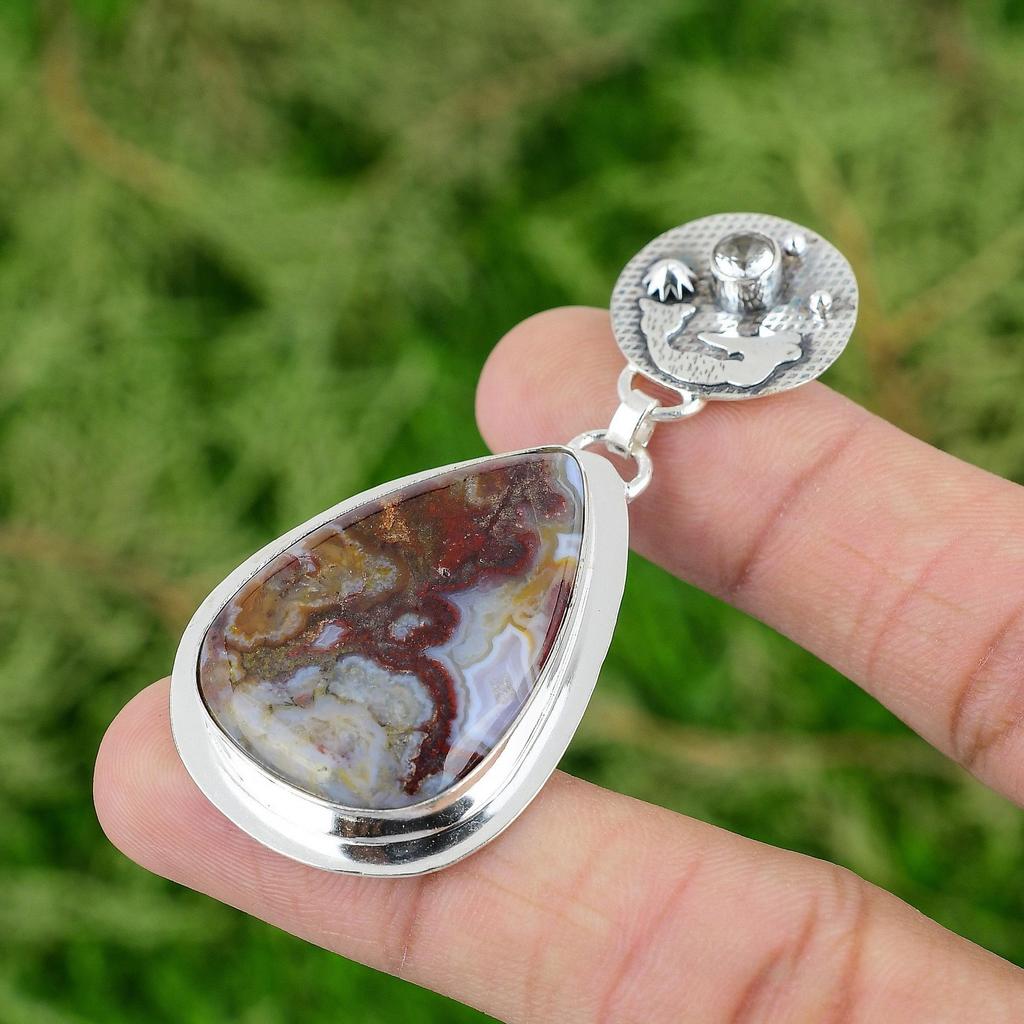 Sterling Silver Crazy Lace Agate Stone White Topaz Trendy Mermaid Bezel Pendant