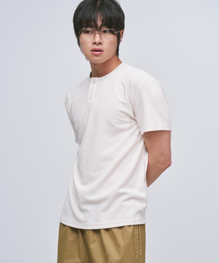 PLACESTUDIOMAN Basic Cotton Waffle Snap Point Henley Neck Semi-Oversized Short Sleeve T-Shirt _3 Colors
