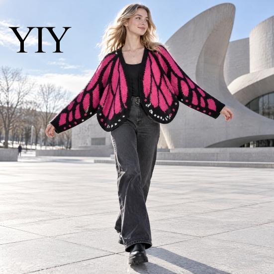 Soft Polyester Butterfly Pattern Sweater Knit Shawl Cardigan, Batwing Sleeve Open Front Poncho Creative Music Festival Outfit Cape, Colorblock