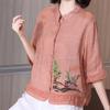 Tree Embroidery Shirt Coffee Green Spring Fall Women Tops Ruffle Sleeve Buttoned Cotton Linen Blouse