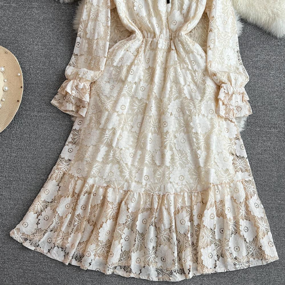 Весенне-осенние женские винтажные повседневные платья с воротником-стойкой бежевого цвета с длинными рукавами