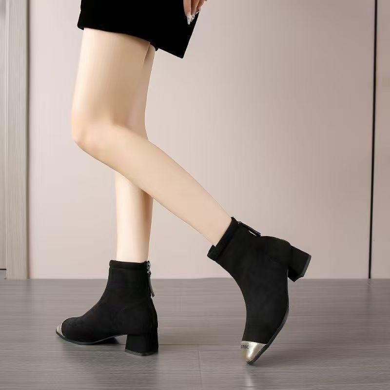 Anti-kick head suede boots women's autumn and winter new thick heel metal round head medium heel elastic fashion boots