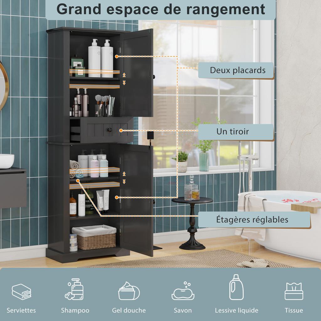 56 X 28 x 167.3cm bathroom cabinet, finished moisture-resistant lacquer, upper and lower cabinets + middle drawer, adjustable shelves, black handles.
