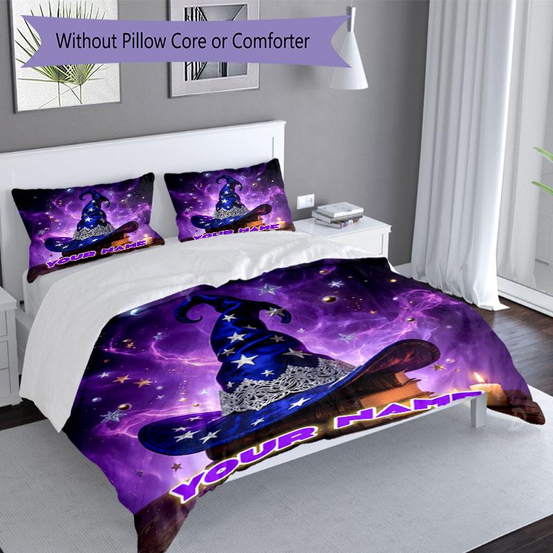 3pcs Custom Name Witch's Hat Magic Night Bedding Set Printed Bedding Set Duvet Cover Closure Includes 1 Duvet Cover & 2 Pillowcases Bedroom Decor